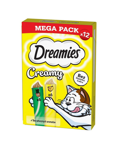 DREAMIES Creamy MEGA PACK 12x10 g gustari pentru pisici cu branza si iarba matei