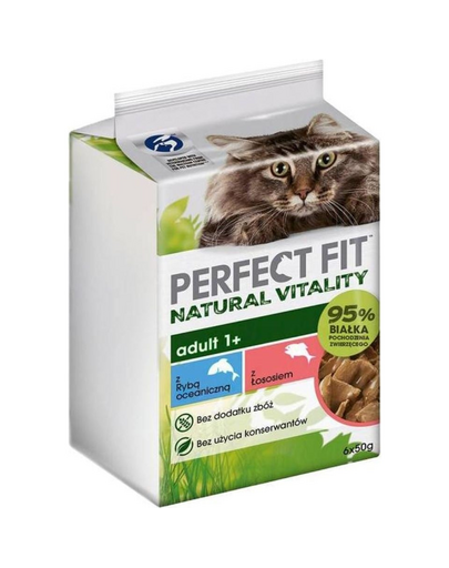 PERFECT FIT Natural Vitality Adult 1+ Fish 6x50g pliculete cu peste oceanic si somon in sos pentru pisici