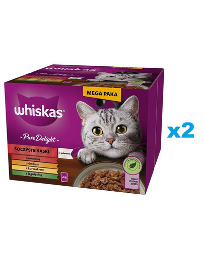 WHISKAS Adult Pure Delight 48x85 g Juicy Jellied Bites cu carne de vita, pui, miel, pasare pentru pisici adulte