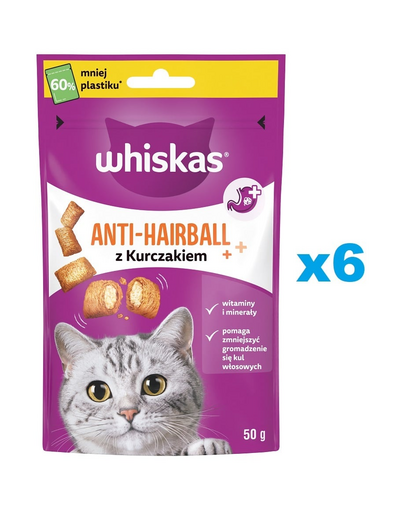 WHISKAS Anti-Hairball 6x50 g recompense anti-ghemotoc cu pui pentru pisici adulte