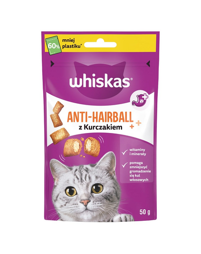 WHISKAS Anti-Hairball 50 g gustari anti-ghemotoc cu pui pentru pisici adulte