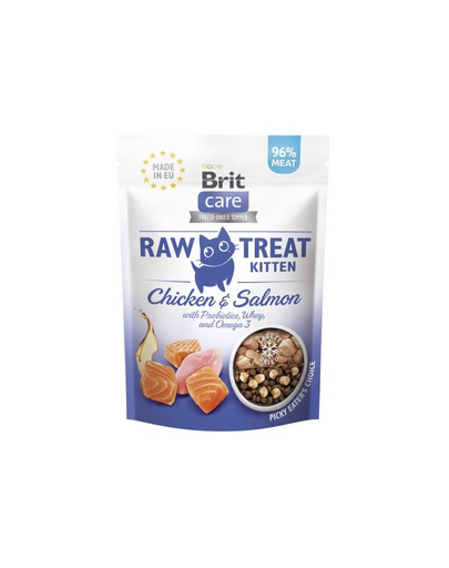BRIT Recompense pisoi Care Raw Treat Freeze Dried Kitten 40 g pui si somon liofilizat cu probiotice