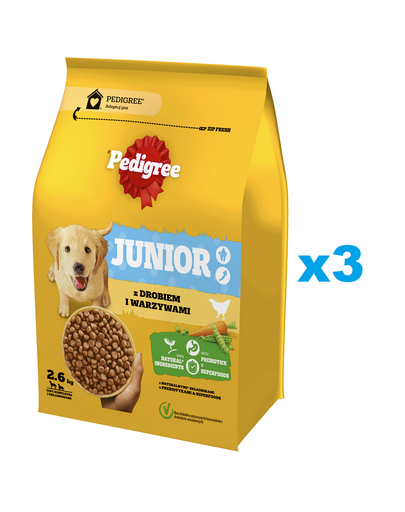 PEDIGREE Junior 3x2,6 kg hrana uscata catei talie medie si mare, pasare si legume