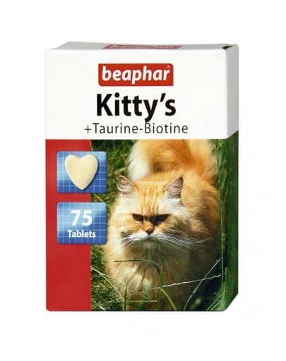 BEAPHAR Kitty’s, tablete pisici BEAPHAR, supliment taurină pisici, tablete cu biotină pisici, supliment pentru blană pisici, vitamine pisici BEAPHAR