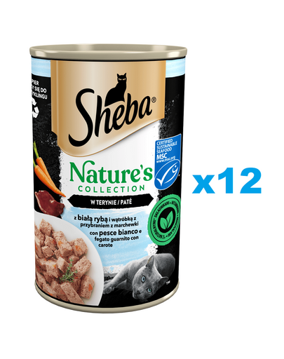 SHEBA pate pentru pisica 12x400 g Nature\'s Collection peste alb si ficat cu garnitura de morcovi