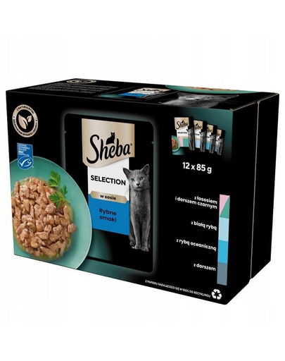 SHEBA Selection plicuri hrana pisica 48x85 g somon si cod, peste alb, peste oceanic, cod in sos