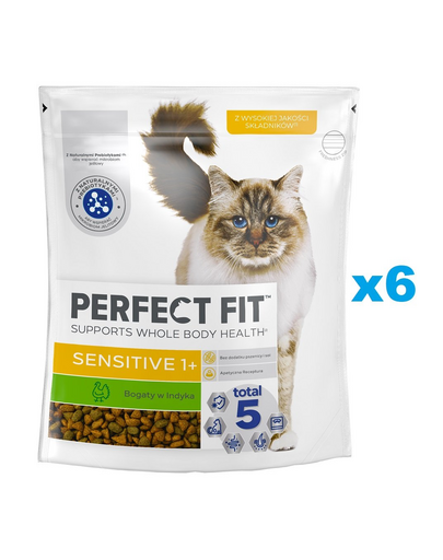 PERFECT FIT Sensitive 1+ 6x750 g set de hrana uscata pentru pisici adulte bogata in curcan