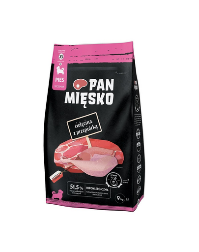 PAN MIĘSKO hrana catei si caini tineri XS 9 kg vitel si prepelita