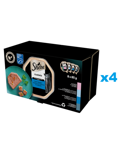 SHEBA Classics hrana pisici 32x85 g pate cu somon, peste alb si morcovi, ton si legume, cod