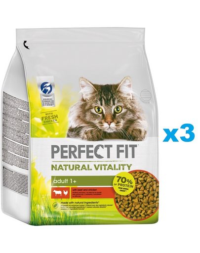 PERFECT FIT Natural Vitality 3x2,4 kg mancare pisica adulta cu pui si vita