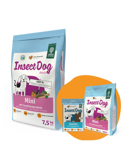 Hrana caini juniori rasa mica GREEN PETFOOD InsectDog Mini Grainfree 7,5 kg + 900g & Denties GRATIS