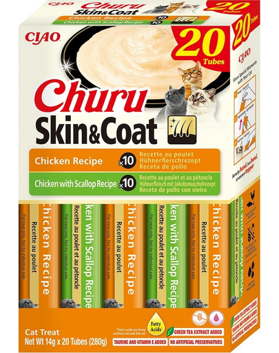 INABA Churu Cat Skin Coat 20x14g recompensa crema, cu pui si scoici pentru pisica