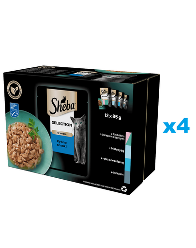 SHEBA Selection varietate plicuri in sos 48x85 g hrana umeda cu somon si cod, peste alb, peste oceanic, cod pentru pisici