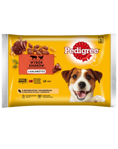 PEDIGREE Hrana umeda pentru caini cu vita, ficat si pasare in aspic 4x100 g