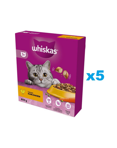 WHISKAS Adult 5x800 g hrana completa uscata cu pui delicios pentru pisici adulte