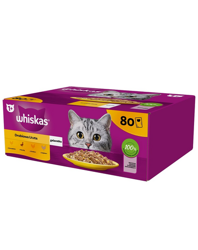Plicuri WHISKAS Adult 80x85g in aspic Poultry Feast hrana umeda completa pentru pisici adulte cu bucati pui, rata, pasare, curcan