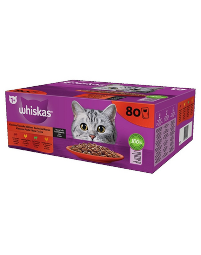 WHISKAS Adult in sos 80x85g Classic Meals hrana umeda completa pentru pisici adulte cu vita, pui, miel, pasare