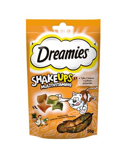 DREAMIES ShakeUps Multivitamins 55g recompensa cu pui, rata si iarba pisicii pentru pisici