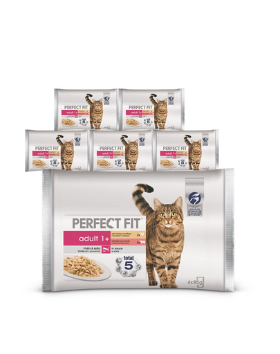 Plicuri pisici PERFECT FIT Adult 24x85g hrana umeda pentru pisici in sos (pui si mazare, vita si morcovi)