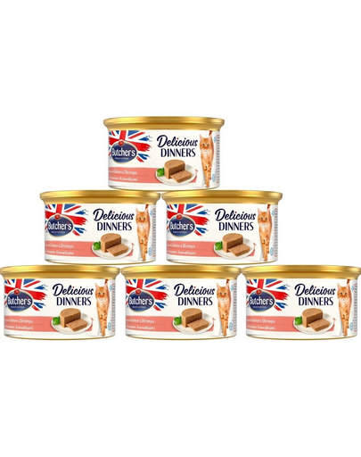 BUTCHER\'S Classic Delicious Dinners 6x85 g mousse pisica, somon si creveti