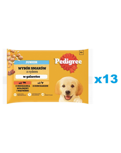 PEDIGREE Junior Set plicuri hrana catei, cu vita si ficat si orez, cu pui si orez, in aspic 52x100g