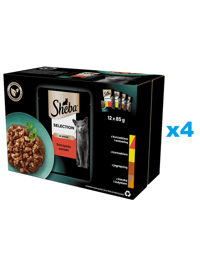 SHEBA Selection 48x85 g hrana pisici adulte, in sos, cu vita, pui, miel, curcan