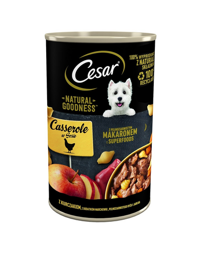 CESAR conserva pentru caini cu pui, cu morcovi, paste din cereale integrale si mere, in sos 400 g