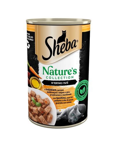 SHEBA pate pentru pisica 400 g Nature's Collection curcan, inimi de pasare si ulei de peste cu garnitura de morcovi