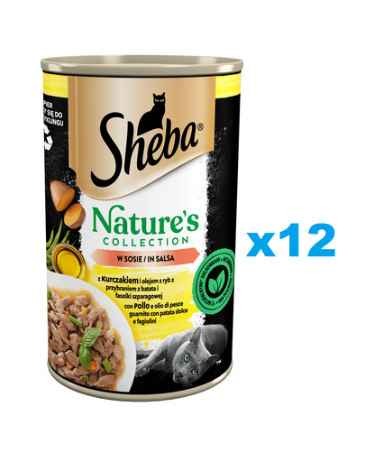 SHEBA conserve 12x400 g Nature's Collection cu pui si ulei de peste cu garnitura de yam si fasole verde in sos