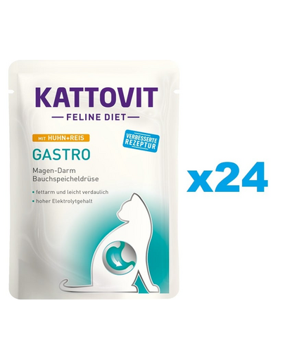 KATTOVIT Feline Diet Gastro hrana umeda dietetica pentru pisici cu afectiuni gastrointestinale, pui si orez  24 x 85 g