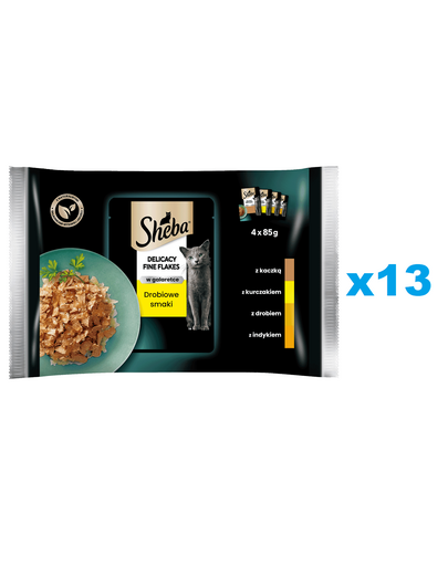 SHEBA Delicacy Fine Flakes 52x85 g hrana umeda completa pentru pisici adulte bucati in gelatina: rata, pui, pasare, curcan