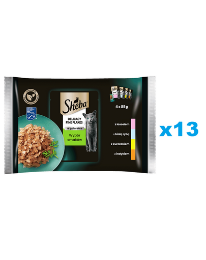SHEBA Delicacy Fine Flakes pliculete pentru pisici 52x85 g hrana umeda bucati in aspic cu: somon, peste alb, pui, curcan
