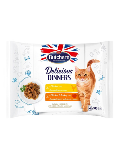 BUTCHER\'S Delicious Dinners hrana in aspic, pentru pisici adulte 4x100g cu pui, cu pui si curcan