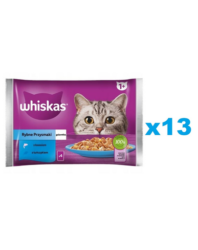 WHISKAS Adult plic cu peste in aspic 52x85g Fish Delicacies hrana umeda pentru pisici adulte cu: somon, ton