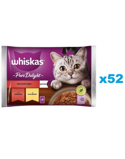 WHISKAS Adult Plicuri hrana umeda pisica 52x85 g Juicy Bites hrana umeda cu bucat de carne de vita, pui in aspic