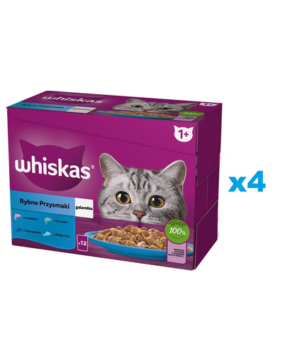 Plicuri WHISKAS Adult 48x85g in aspic peste alb, cod, somon, ton