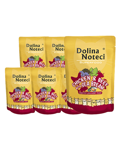 DOLINA NOTECI Superfood Hrana umeda pentru pisici adulte, cu pui, vita si dorada 10x85 g