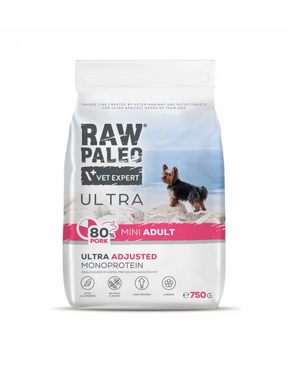 RAW PALEO Ultra Pork Mini Adult 750g hrana caine adult rasa mica, cu porc