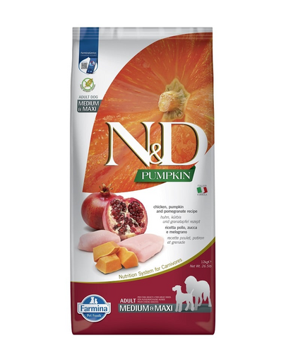 N&D Pumpkin Chicken & Pomegranate Adult Medium & Maxi 12 kg hrana caini adulti talie medie/mare, pui si rodie