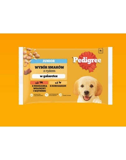 PEDIGREE Junior Choice of Flavours 4x100 g hrana umeda catei, cu vita si ficat si orez, cu pui si orez, in aspic