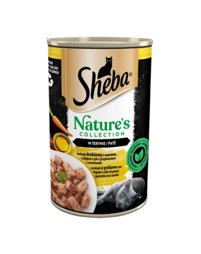 SHEBA conserva pate pentru pisici 400 g Nature\'s Collection Cocktail de pasare cu ficat si ulei de peste cu garnitura de morcovi