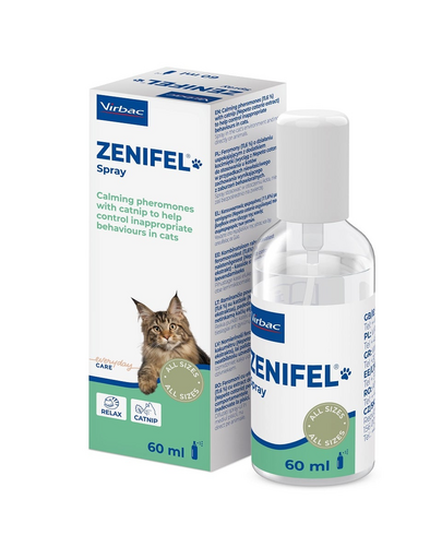 Spray cu efect calmant pentru pisici VIRBAC Zenifel 60 ml feromoni cu adaos de catnip
