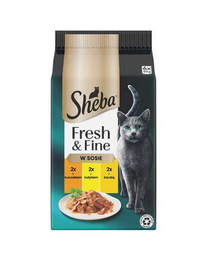 SHEBA Fresh & Fine pliculet 6x50 g hrana umeda pisici in sos cu pui, curcan, rata