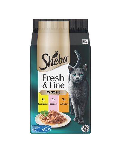 Plicuri hrana SHEBA Fresh & Fine 6x50 g in sos cu pui, cu somon, curcan