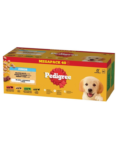Plicuri PEDIGREE caini Junior Mix arome cu orez 40x100 g in aspic hrana umeda completa bucati vita, ficat si orez, cu pui si orez, cu miel, ficat si orez, cu pasare si orez