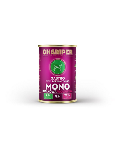 Hrana umeda monoproteica CHAMPER Gastro pentru caini 400 g cu vita