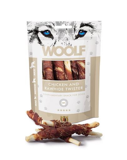 WOOLF Chicken And Rawhide Twister 100g piele uscata invelita in pui pentru caini