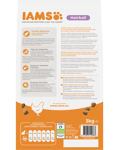IAMS For Vitality Hairball pentru pisici adulte, cu pui, impotriva ghemotoacelor de blana 3 kg