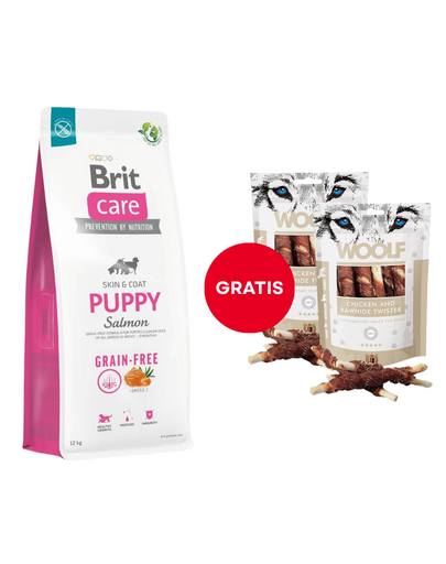 Hrana cu somon BRIT Care Grain-free Puppy 12 kg + WOOLF Chicken And Rawhide Twister 2 x 100g GRATIS