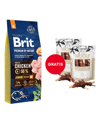 Mancare caini BRIT Premium By Nature Junior Medium M Chicken 15 kg + WOOLF Chicken And Rawhide Twister 2 x 100g GRATIS